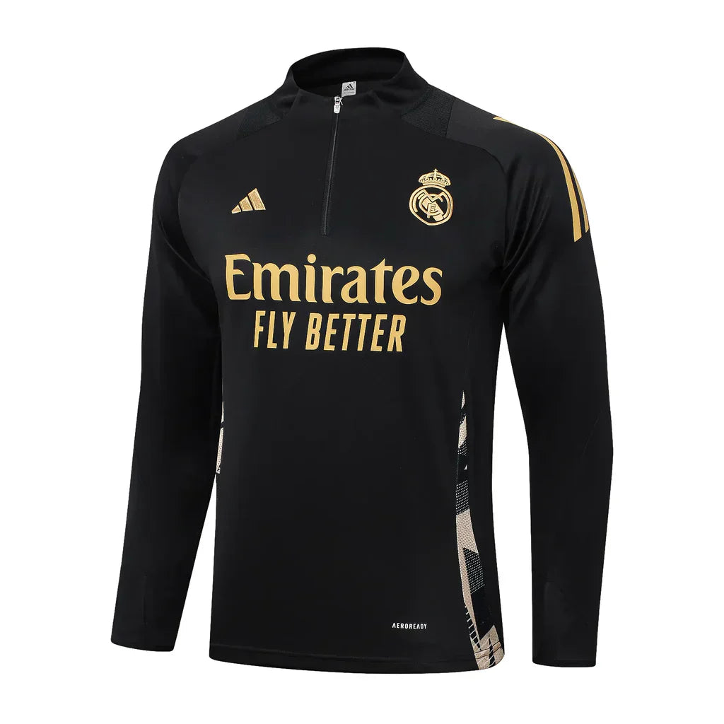 Conjunto Real Madrid Zíper Curto Treino Preto e Dourado