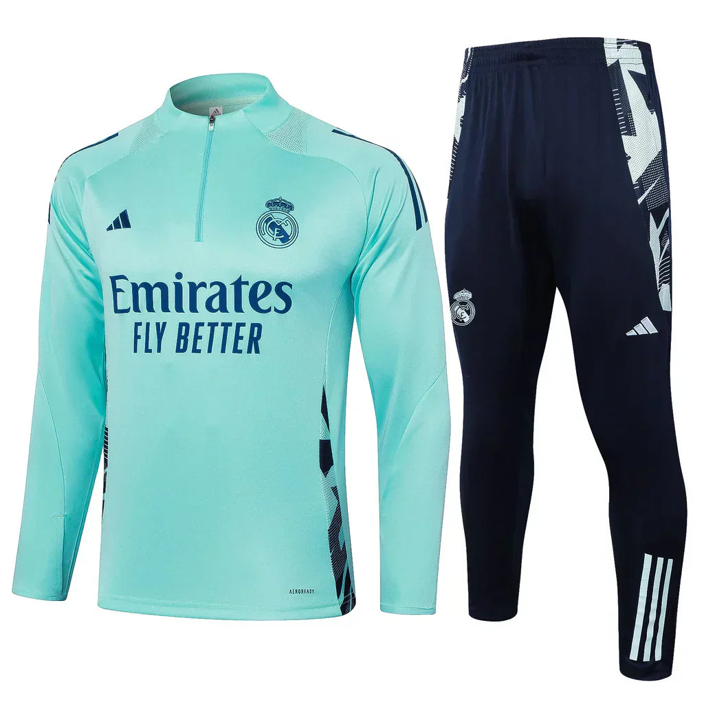 Conjunto Real Madrid Zíper Curto Treino Azul Turquesa 2024/25