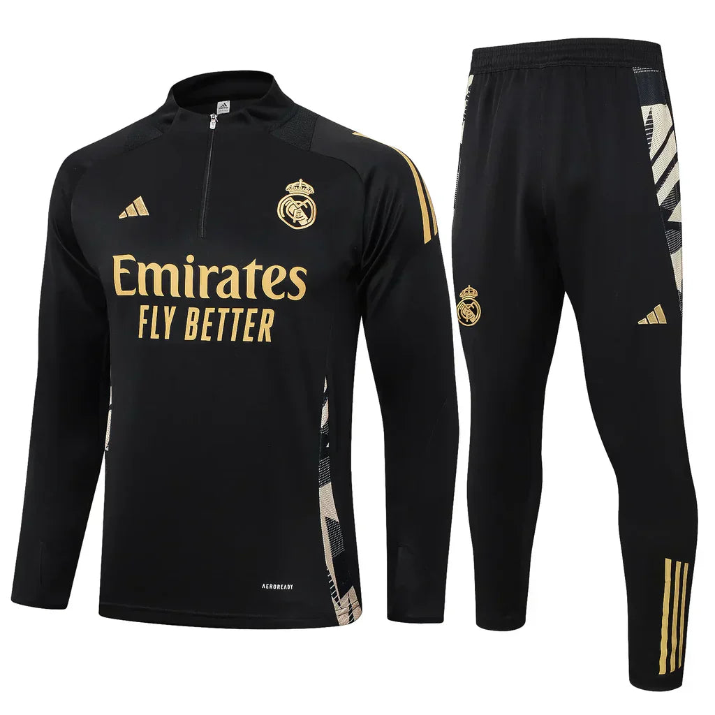 Conjunto Real Madrid Zíper Curto Treino Preto e Dourado